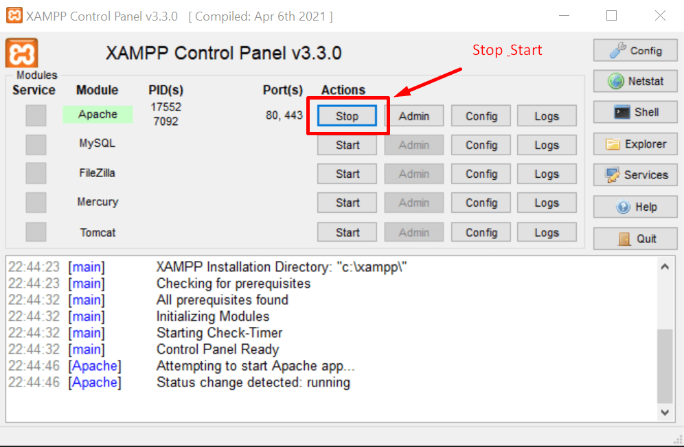 stop server in xampp